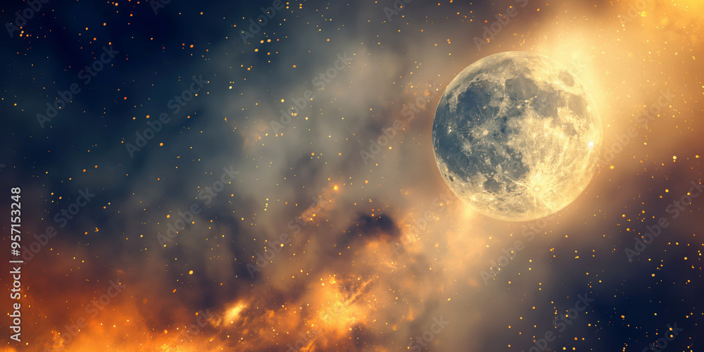 Mystical full moon in starry night sky with glowing nebula clouds Mystical full moon in starry night sky with glowing nebula clouds