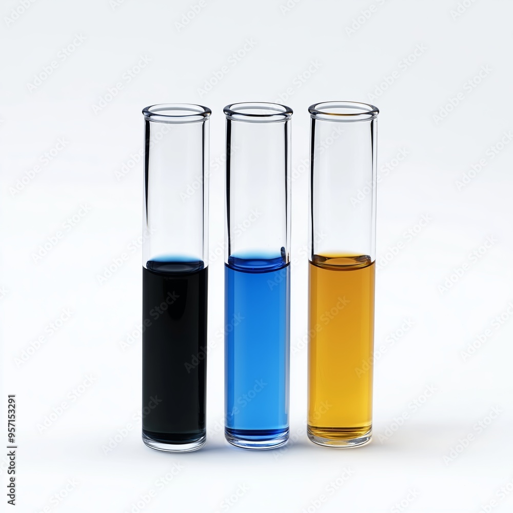 Three glass test tubes filled with vibrant black, blue, and yellow liquids on a white background Three glass test tubes filled with vibrant black, blue, and yellow liquids on a white background