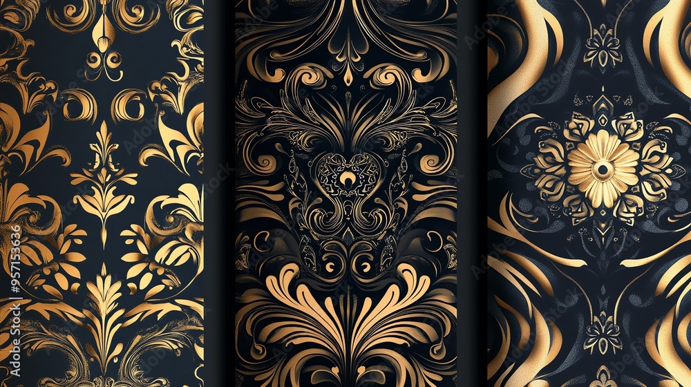 A luxurious and elegant seamless pattern with intricate gold swirls and floral motifs on a black background. A luxurious and elegant seamless pattern with intricate gold swirls and floral motifs on a black background.