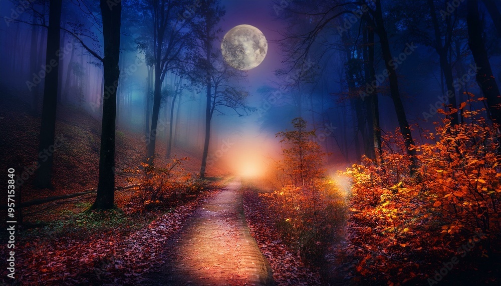 Fototapeta premium Sendero rústico en medio de un bosque profundo tenebre de otoño