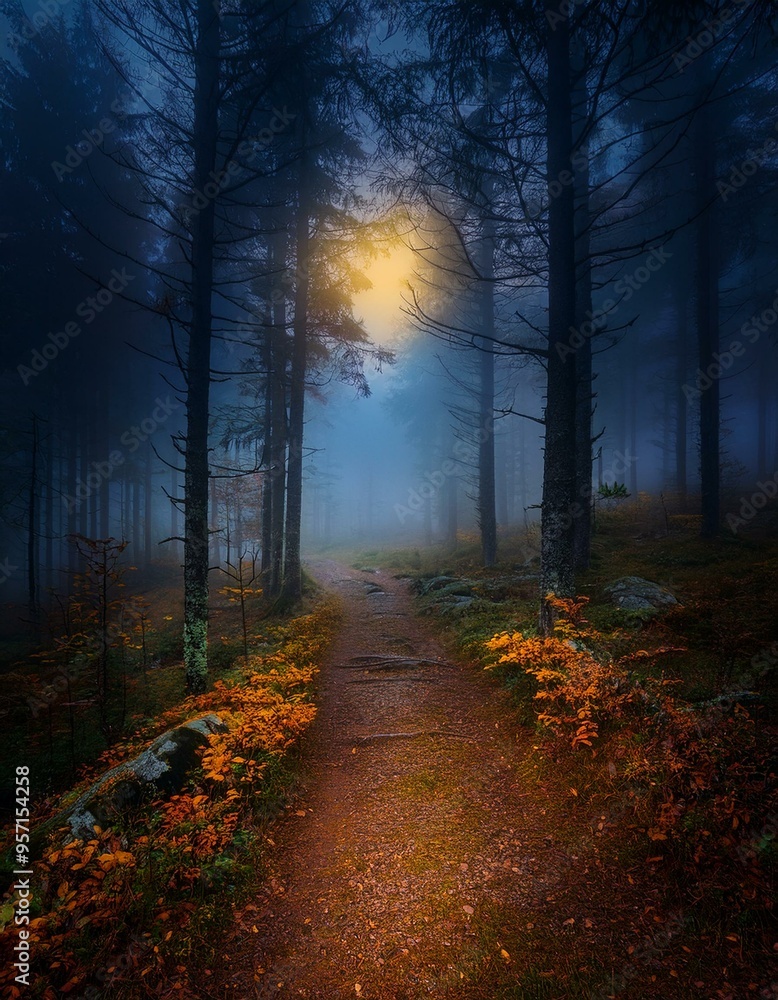 Naklejka premium Sendero rústico en medio de un bosque profundo tenebre de otoño