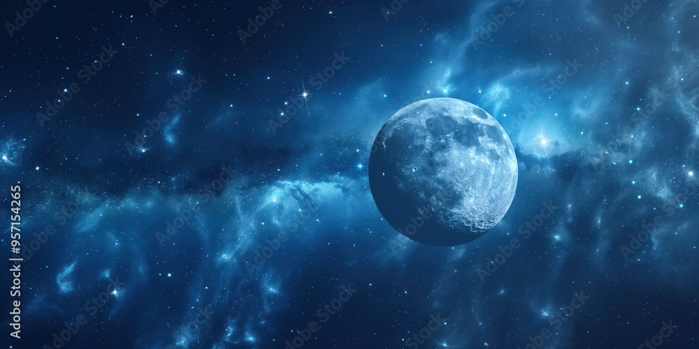 Full moon amidst blue cosmic sky and glowing stars in deep space Full moon amidst blue cosmic sky and glowing stars in deep space