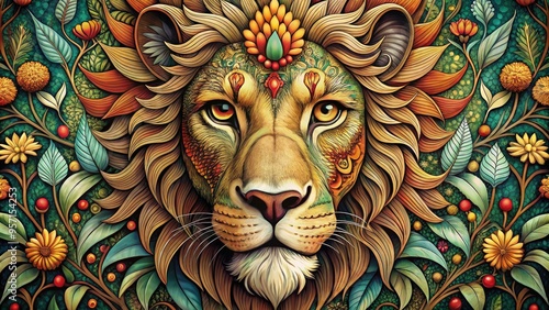 Whimsical hand-drawn illustration of a lion's face with intricate geometric patterns, leaves, and flowers blending seamlessly into the majestic animal's features and mane. photo