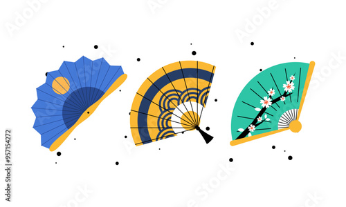 Paper-handled Handled Fans. Cartoon Traditional Chinese or Japanese Accessories. Different Shapes Design Vector