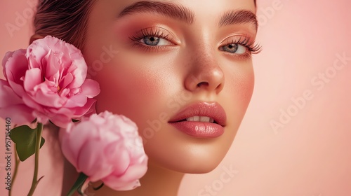A beautiful woman with flawless skin and long eyelashes looks directly at the camera. She is wearing soft pink makeup and her hair is pulled back.