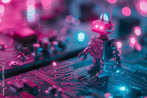A small robot toy stands on a colorful, illuminated circuit board, symbolizing the intersection of playfulness and technology.