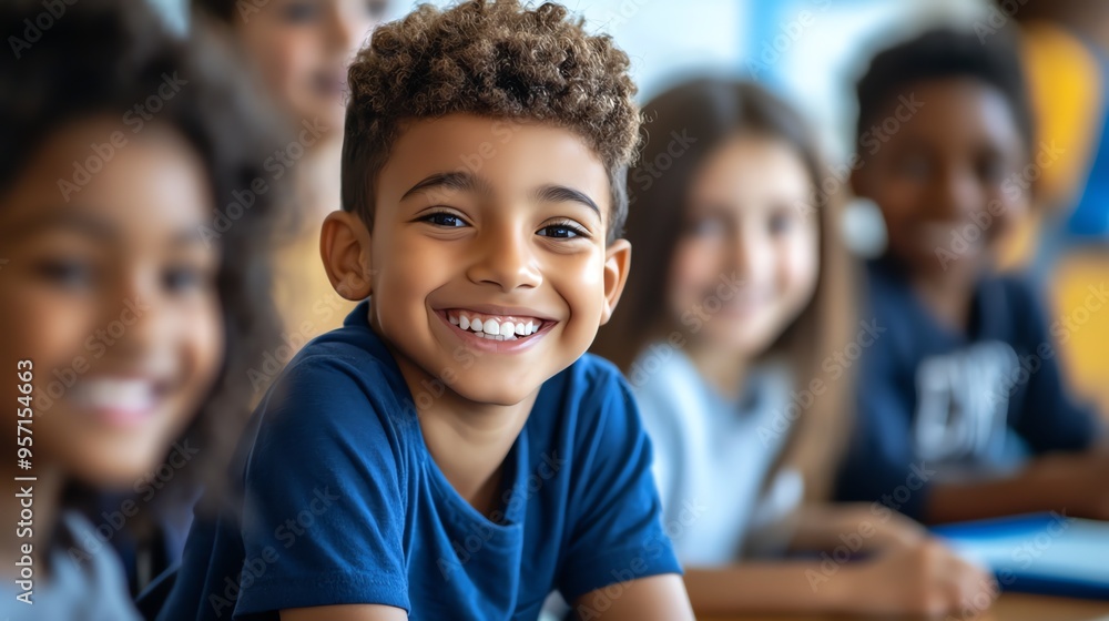 A young boy with a bright smile sits in a classroom, surrounded by his classmates. He is happy to be learning and growing. A young boy with a bright smile sits in a classroom, surrounded by his classmates. He is happy to be learning and growing.
