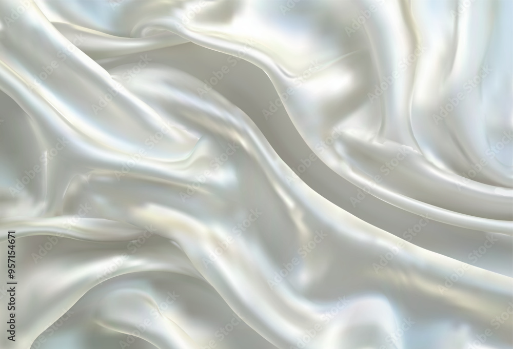 Obraz premium Realistic texture of silver cream silk background. Vector illustration mesh texture of fabric silk smooth waves and folds. Vector realistic illustration of satin cloth with smooth shiny texture wrinkl