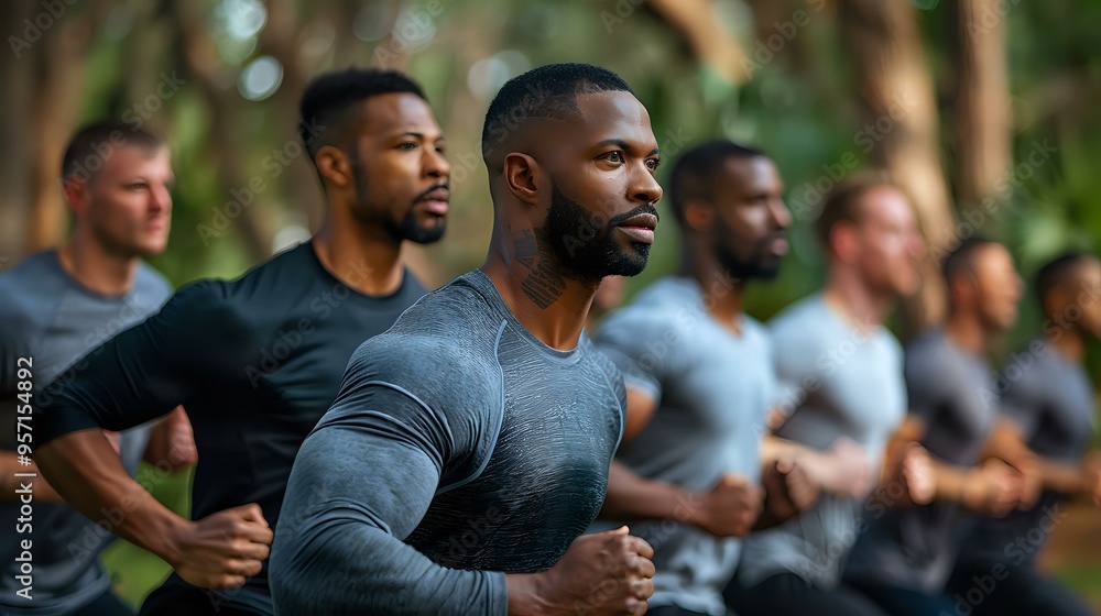 diverse group of men running in a forest, showcasing teamwork, fitness, and outdoor activity. The focused expressions and strong physiques highlight commitment to health and exercise diverse group of men running in a forest, showcasing teamwork, fitness, and outdoor activity. The focused expressions and strong physiques highlight commitment to health and exercise