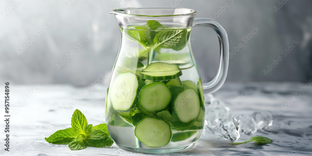 Refreshing cucumber mint infused water in glass pitcher with ice and fresh herbs Refreshing cucumber mint infused water in glass pitcher with ice and fresh herbs