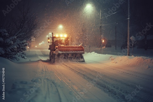 A snowplow braves a heavy snowstorm on a dimly lit street, pushing snow aside under the soft glow of streetlights, embodying winter's resilience.