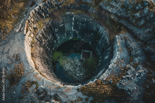 A breathtaking, deep quarry pit filled with still, greenish water set within jagged rock walls, bathed in a serene, golden glow.