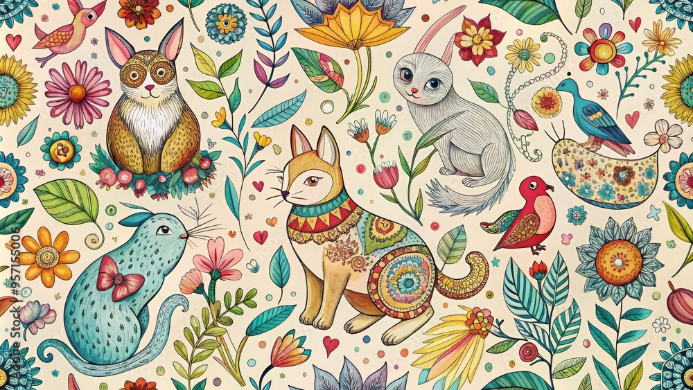 Whimsical hand-drawn sketch of various animals, including cats, birds, and rabbits, intertwined with vibrant floral patterns and geometric shapes on a creamy white background. Whimsical hand-drawn sketch of various animals, including cats, birds, and rabbits, intertwined with vibrant floral patterns and geometric shapes on a creamy white background.
