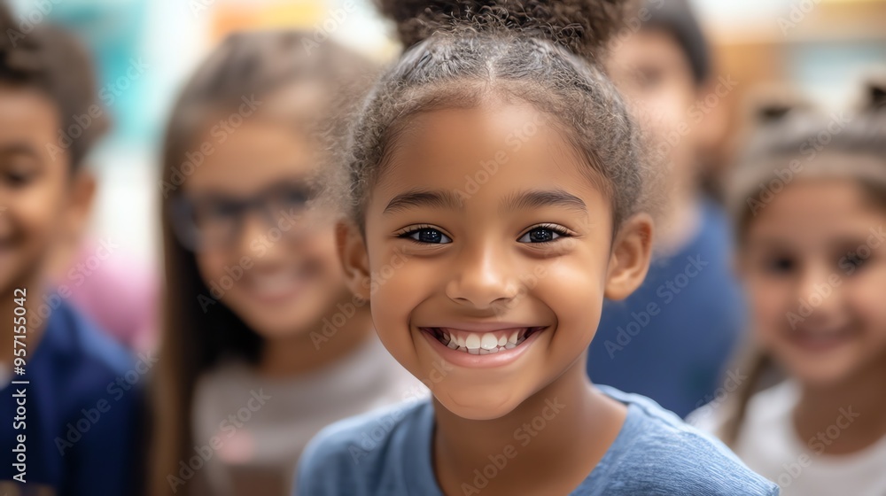 Obraz premium A young girl with glasses smiles brightly, her braids framing her face.