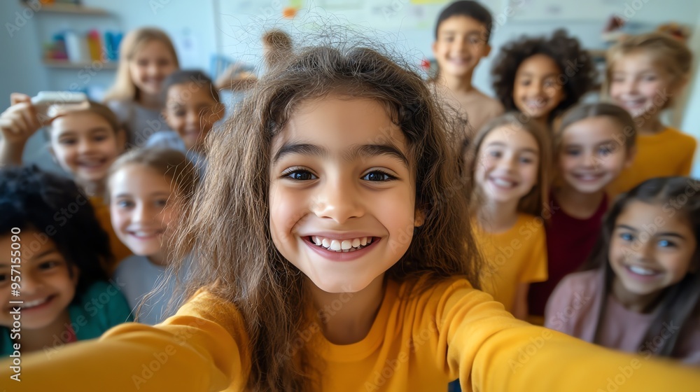 A young girl smiles brightly for the camera, surrounded by her friends. They are all happy and excited to be together. A young girl smiles brightly for the camera, surrounded by her friends. They are all happy and excited to be together.