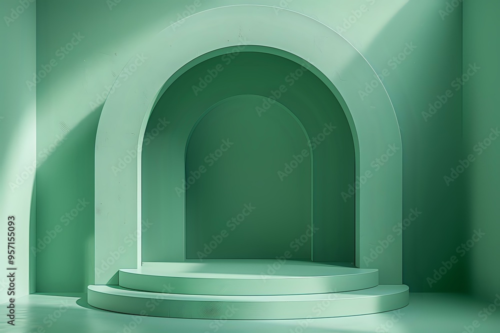 Minimalist green podium with arched architectural elements for product display. Abstract geometric background with soft shadows perfect for luxury branding and cosmetic presentation.