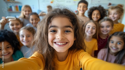 A young girl smiles brightly for the camera, surrounded by her friends. They are all happy and excited to be together.