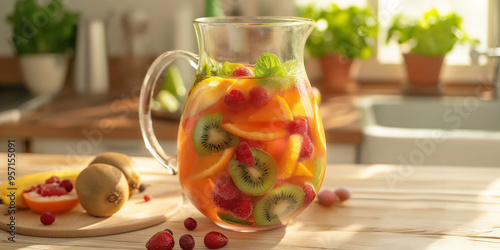 Refreshing summer fruit infused water with citrus, kiwi, and berries in sunny kitchen