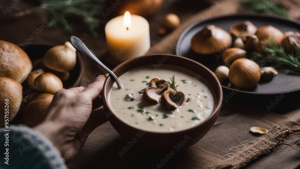 Hands holding bowl of soup with spoon at a cozy table. Hands holding bowl of soup with spoon at a cozy table.