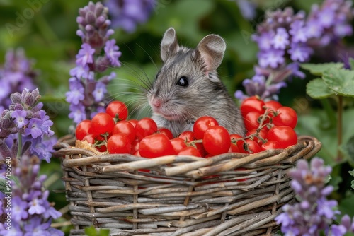 A cute hamster sits in a wicker basket filled with ripe red tomatoes, enjoying a miniature picnic in a garden filled with purple lavender flowers photo