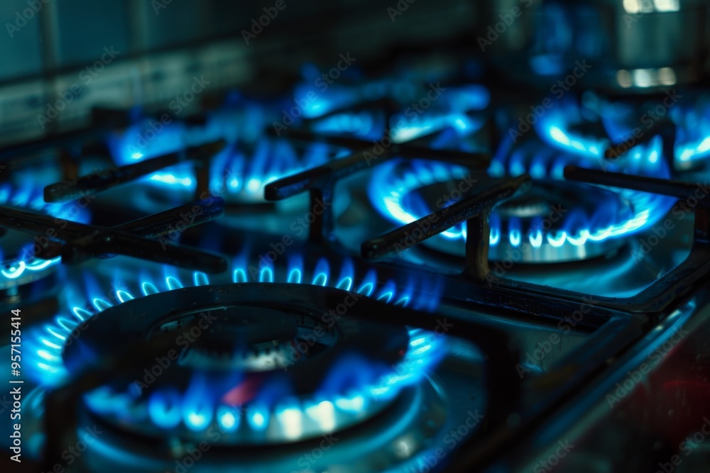 Flames from a gas stove burner glow with vibrant blue, showcasing focused heat and modern cooking technology. Flames from a gas stove burner glow with vibrant blue, showcasing focused heat and modern cooking technology.