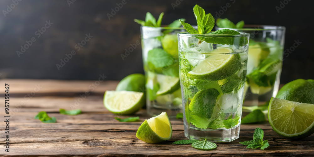 Refreshing mint lime mojito cocktails on rustic wooden table Refreshing mint lime mojito cocktails on rustic wooden table