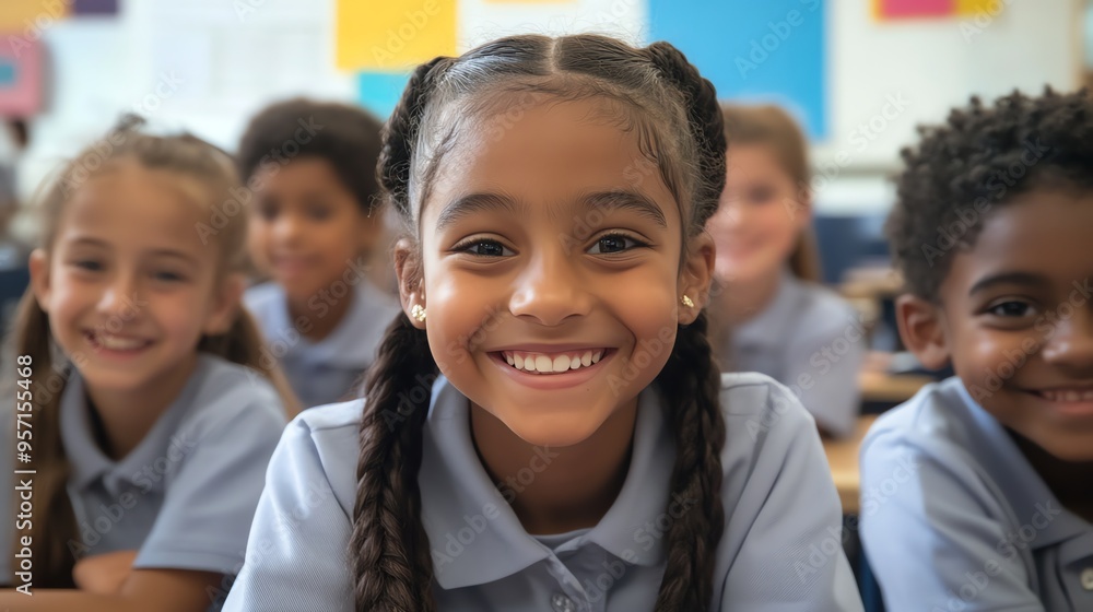 A young girl with braids smiles brightly for the camera. A young girl with braids smiles brightly for the camera.
