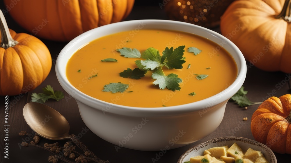 A warm bowl of tomato soup garnished with parsley on a wooden table amidst autumnal decorations. A warm bowl of tomato soup garnished with parsley on a wooden table amidst autumnal decorations.