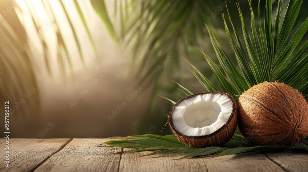 Fototapeta premium Coconut fruit closeup view with coconut tree leaf on wooden table