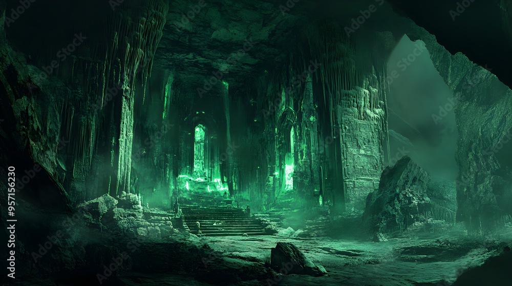 Mystical Green Cave with Glowing Archway and Stone Stairs Mystical Green Cave with Glowing Archway and Stone Stairs