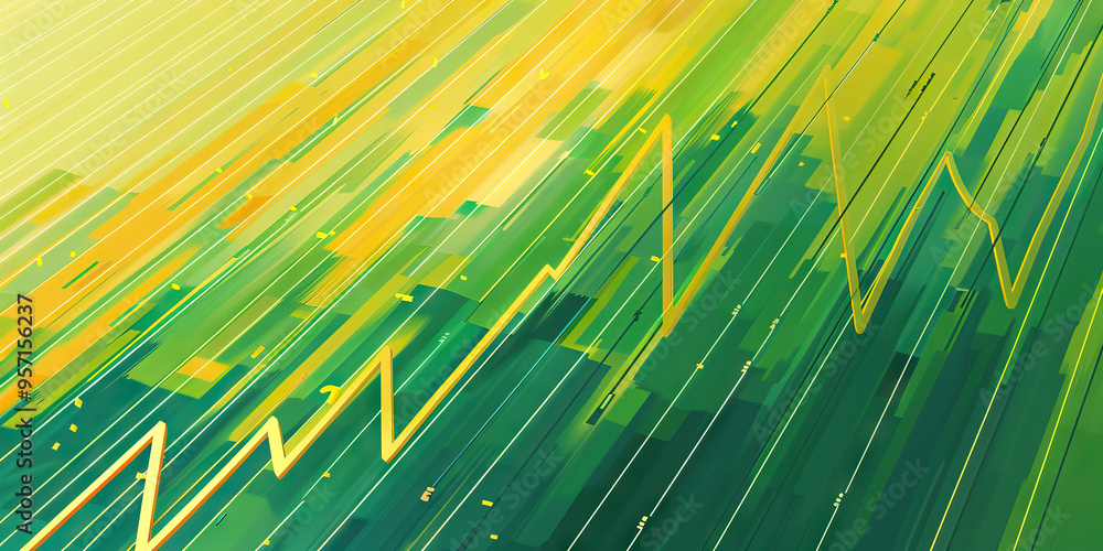 Obraz premium A line graph tracking the progress of a company's profits, set against a green and yellow striped background.