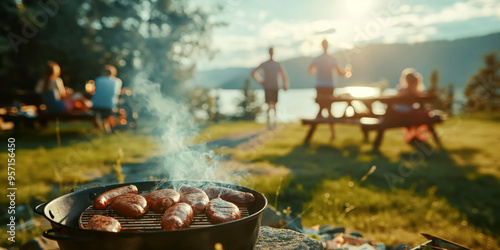 Fototapeta Naklejka Na Ścianę i Meble -  Summer bbq gathering by the lake with grilled sausages and friends enjoying outdoors