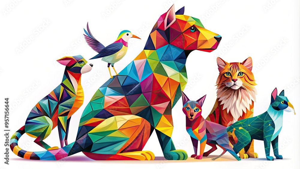 Obraz premium Whimsical illustration of a menagerie of animals, including a cat, dog, and bird, composed from interconnected geometric shapes in vibrant colors.