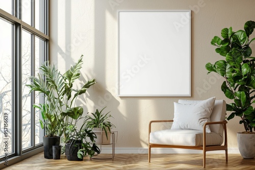 Poster Frame in Beige minimalist living room interior created with generative AI