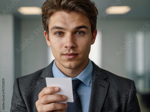 Close-up portrait of a young stubbled businessman in the office, holding a business card and a mobile phone, frustratedly spreading his hands to the camera photo