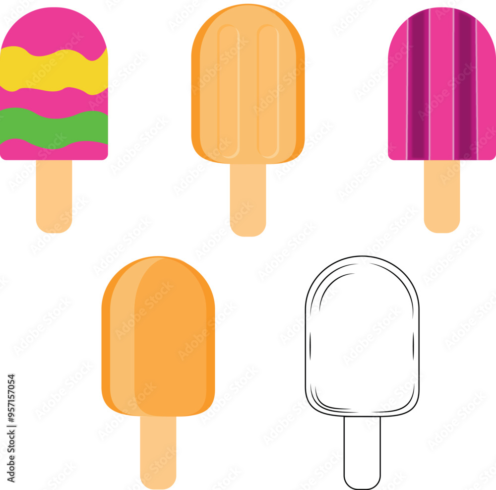 Fully Editable Colorful, Black and White Popsicles Ice Cream Illustration Fully Editable Colorful, Black and White Popsicles Ice Cream Illustration