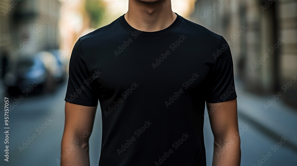 Young Man in Black T-Shirt in Urban Setting Young Man in Black T-Shirt in Urban Setting