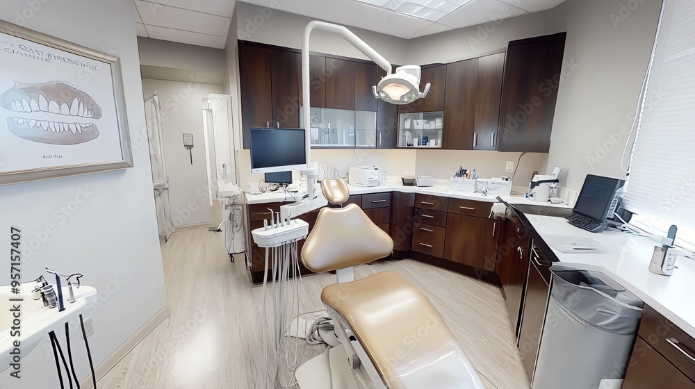 A modern dental chair with orange upholstery sits in a clean, white dental office. A modern dental chair with orange upholstery sits in a clean, white dental office.