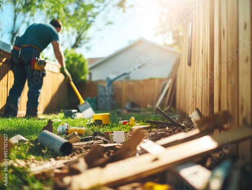 Repairman working in suburban backyard, fixing broken fence and cleaning up debris. scene captures sunny day filled with activity and determination. photo