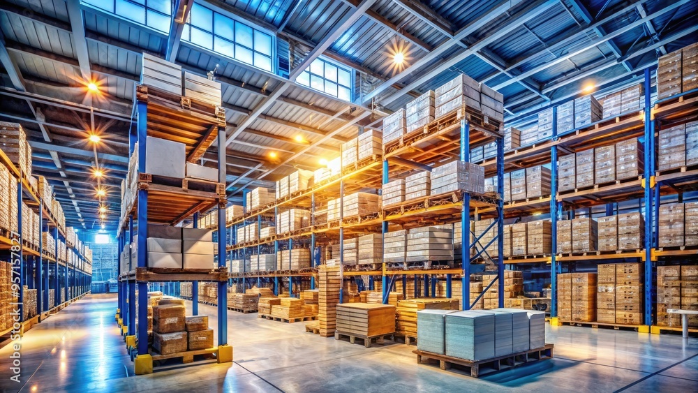 Wide-angle shot of a busy warehouse interior with neatly stacked pallets containing boxes and crates, illuminated by bright overhead lighting and towering shelving units. Wide-angle shot of a busy warehouse interior with neatly stacked pallets containing boxes and crates, illuminated by bright overhead lighting and towering shelving units.