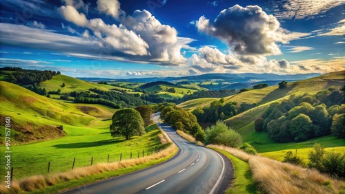 Winding road stretches into the distance, flanked by rolling hills and lush greenery, under a brilliant blue sky with only a few wispy clouds.