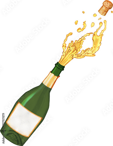 Champagne popping with splashes and cork watercolor illustration. Hand drawn bottle of prosecco or sparkling wine being opened. Festive alcoholic drink on isolated background.