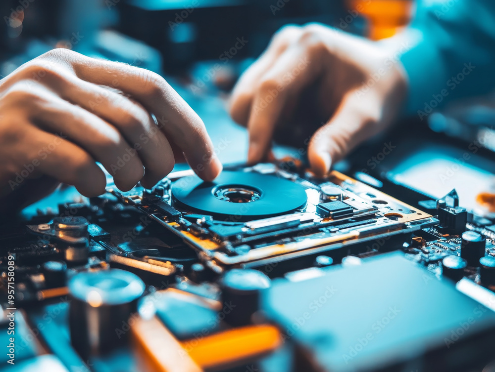 Naklejka premium Hands are carefully installing component on circuit board, showcasing precision in electronics repair.