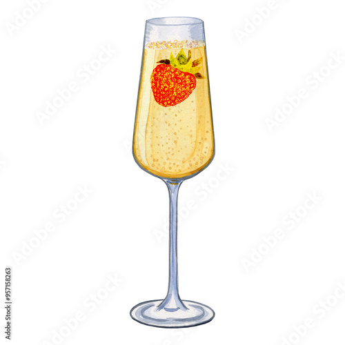 Champagne in flute glass with strawberry inside watercolor illustration. Hand drawn image of wine drink and prosecco serving in bar. Festive cocktail for Valentine's Day.