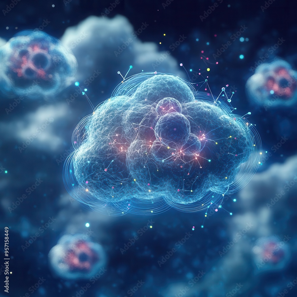 A futuristic representation of a cloud, showcasing digital connections and glowing particles in a cosmic atmosphere. A futuristic representation of a cloud, showcasing digital connections and glowing particles in a cosmic atmosphere.