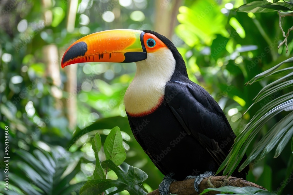 Naklejka premium A Vibrant Toucan with a Large Orange Beak Perched on a Branch