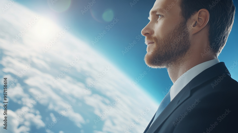 A man in suit gazes thoughtfully into space, contemplating vastness of universe. His expression reflects curiosity and ambition. A man in suit gazes thoughtfully into space, contemplating vastness of universe. His expression reflects curiosity and ambition.