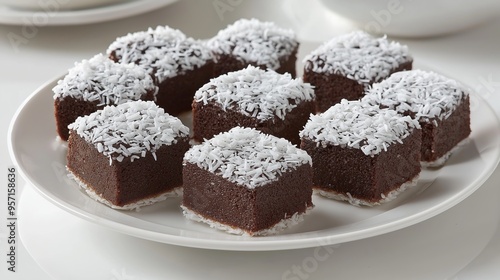 A plate of traditional Australian lamingtons, square sponge cakes coated in chocolate and rolled in desiccated coconut, set against a minimalist background