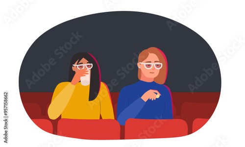Girls in theater vector illustration. Girls having fun in cinema concept illustration