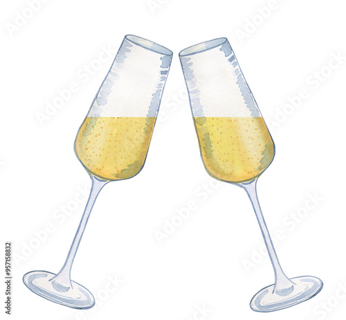 Champagne glasses clinking watercolor illustration. Hand drawn image of glass goblets with wine or prosecco on isolated background. For tasting and event celebration design.